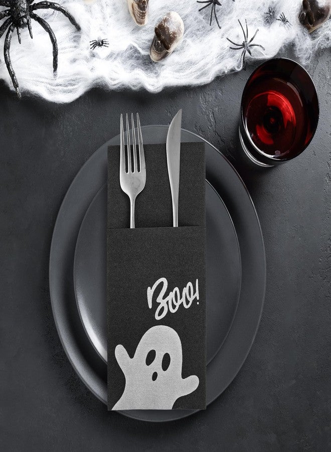 JarThenaAMCS مناديل ورقية سوداء لطيفة بتصميم شبح هالوين من JarThenaAMCS، 50 قطعة، مصنوعة من قماش الكتان الناعم، مزودة بجيب مدمج لأدوات المائدة. مثالية لحفلات أعياد الميلاد والهالوين. - Image 5